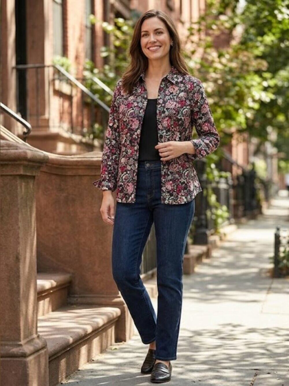 Foxcroft Wrinkle Free Floral Button Down Shirt | Size 8 Black Pink Cotton Top